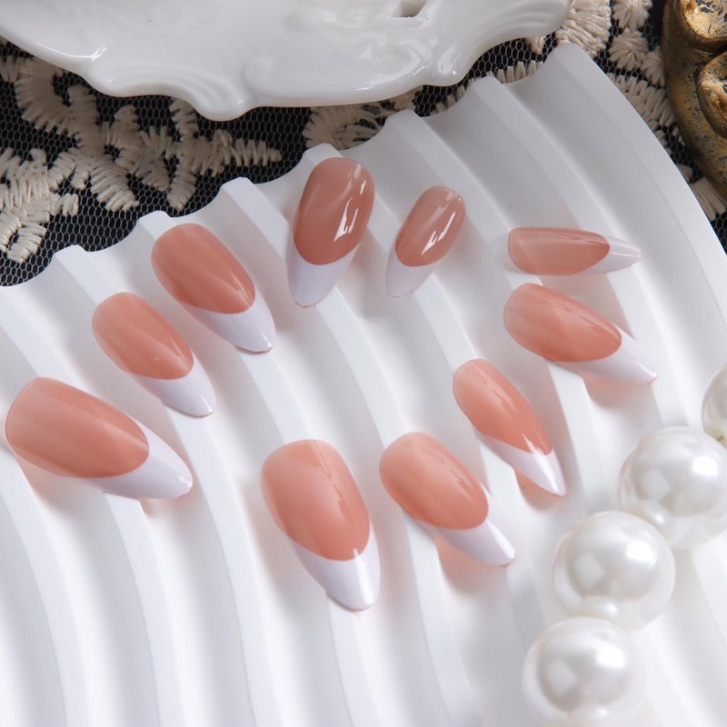 Melines 24pcs French Tip Medium Almond Press On Nails, Reusable Nail Kit with Nail Glue Adhesive Tabs Mini Nail File, 10 Sizes