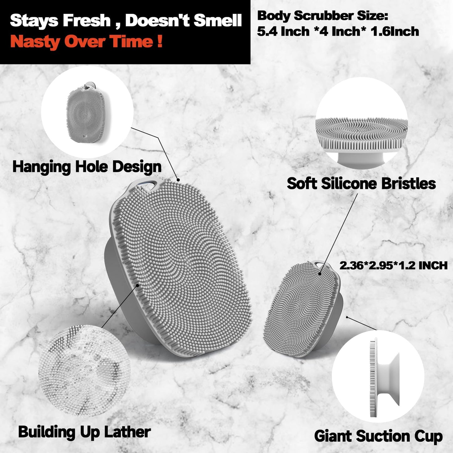 ARIOSOX, Soft Silicone Body Scrubber, Face Scrubber Silicone, Gentle Texture Exfoliating Body Scrubber for Men and Women On Sensitive Skin, Back Large Suction Cup for Easy Dry and Store (Gray)