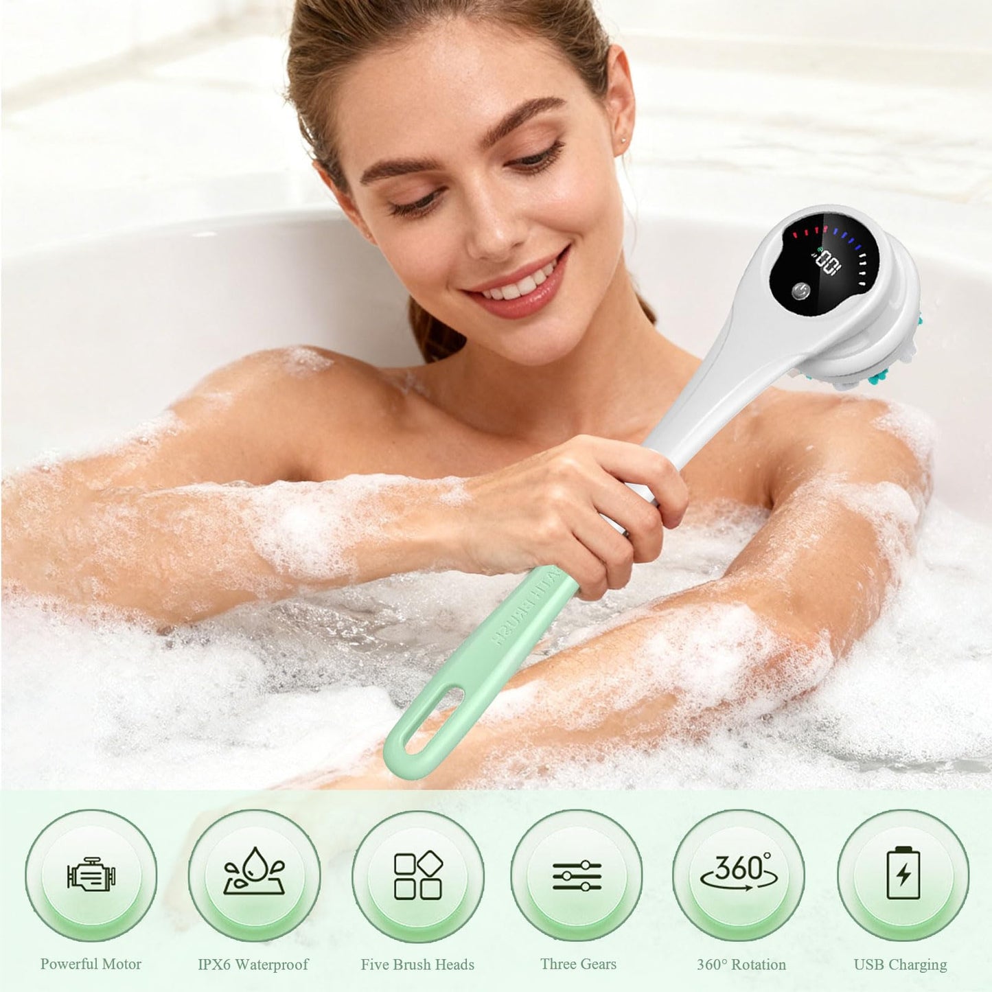 Electric Body Brush, 5 in 1 Cordless Rechargeable Bath Brush, 3 Speed Silicone Body Scrubber, LCD Display Detachable Rotating Body Brushes, Waterproof Back Brushes for Clean Exfoliate Massage (Green)