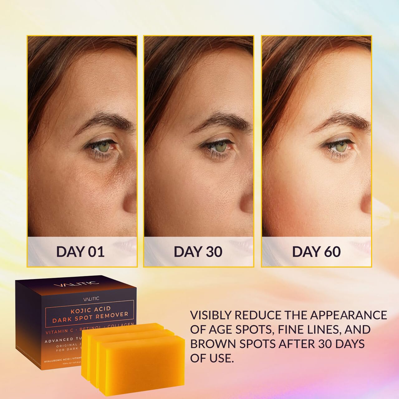 VALITIC Kojic Acid Dark Spot Corrector Soap Bars with Vitamin C, Retinol, Collagen, Turmeric - Original Japanese Complex - Hyaluronic Acid, Vitamin E, Shea Butter, Castile Olive Oil - 3 Pack With Bag