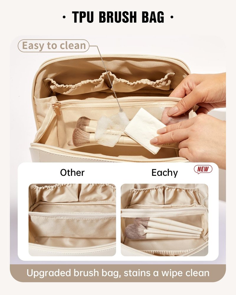 EACHY Travel Makeup Bag, Large Capacity Cosmetic Bags for Women, Waterproof Portable Open Flat Toiletry Bag Make up Bag with Divider and Handle, Gifts for Women (White, Large)