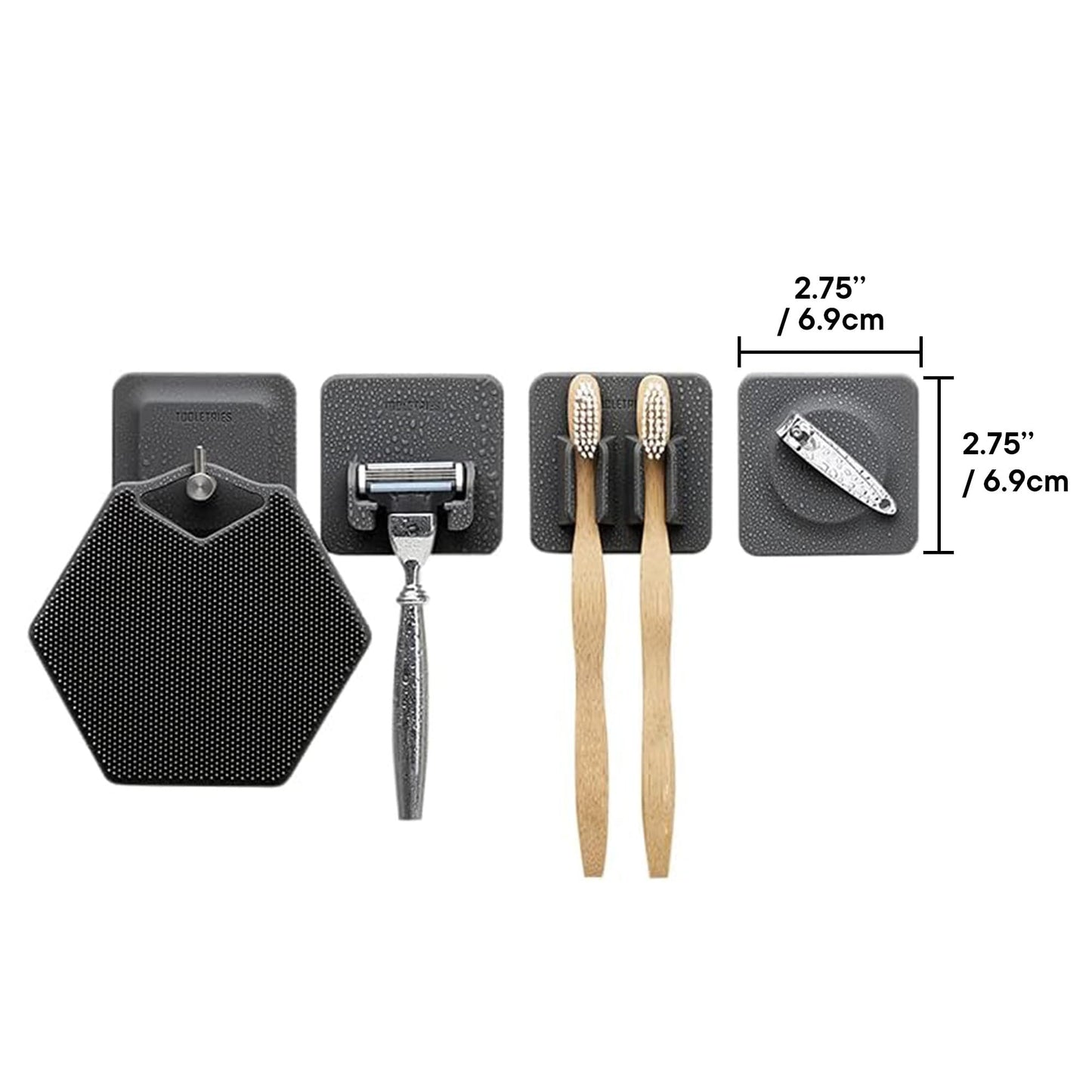 TOOLETRIES The 4-in-1 Tile Series - Secure Holders, Silicone Toiletry Organizer, Shower & Bathroom Accessory - Features Silicone-Grip Technology, Removable & Reusable - Charcoal