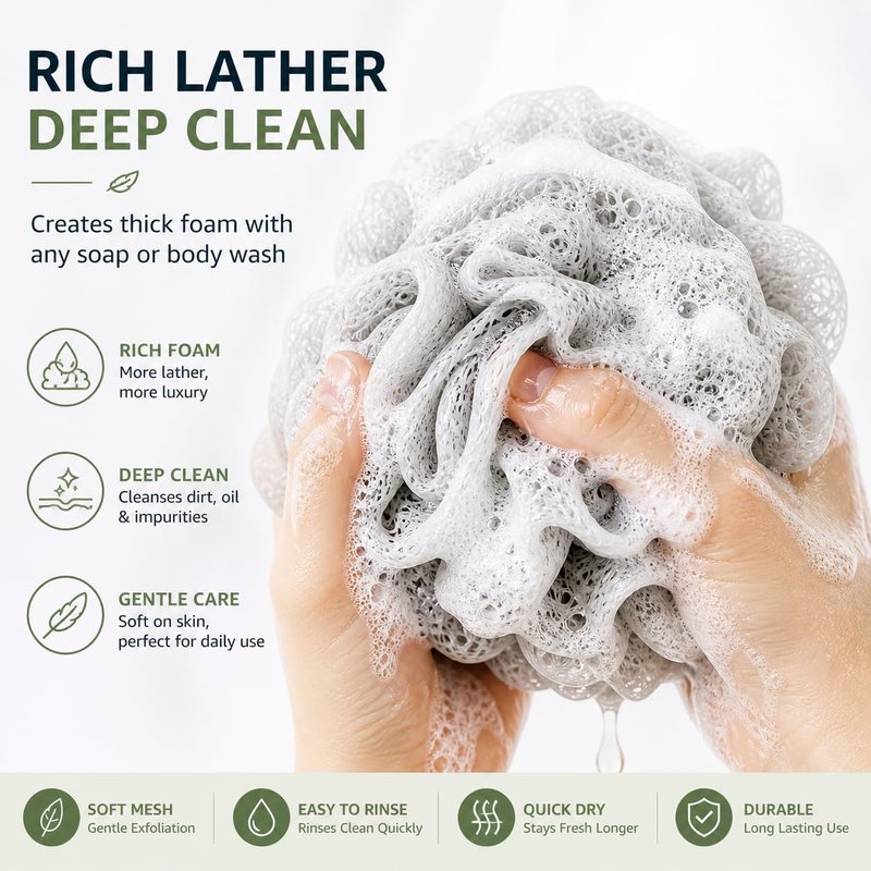 ADFOS Bath Sponge Loofah Pack of 4 Extra Large 60g Mesh Shower Pouf Set, Soft Exfoliating Body Scrubber, Rich Lather for Women & Men, Quick Dry Shower Accessories, PE Material