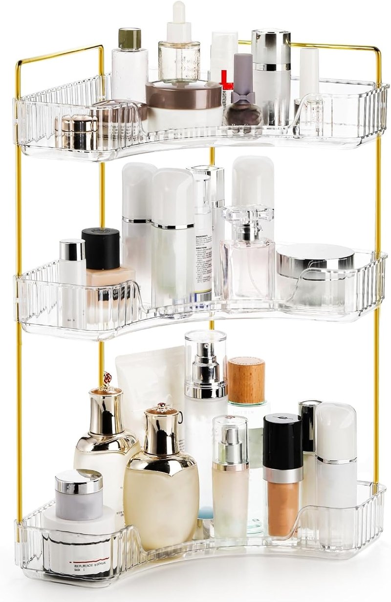Cididu 3-Tier Corner Bathroom Organizer - Clear Countertop Shelf with Gold Metal Pole | Skincare & Perfume Storage
