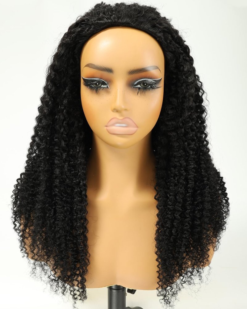 Jet Black Kinky Curly Half Wig - 200% Density Glueless Drawstring | 20 Inch for Black Women