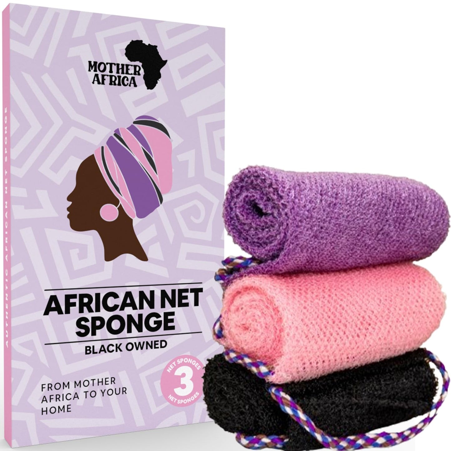 MOTHER AFRICA African Net Sponge With Handles Black Owned 3 Pack African Exfoliating Bath Sponge for Shower Washcloth Loofah Knots Gentle Deep Cleansing Back Authentic Scrubber Face & Body Men & Women