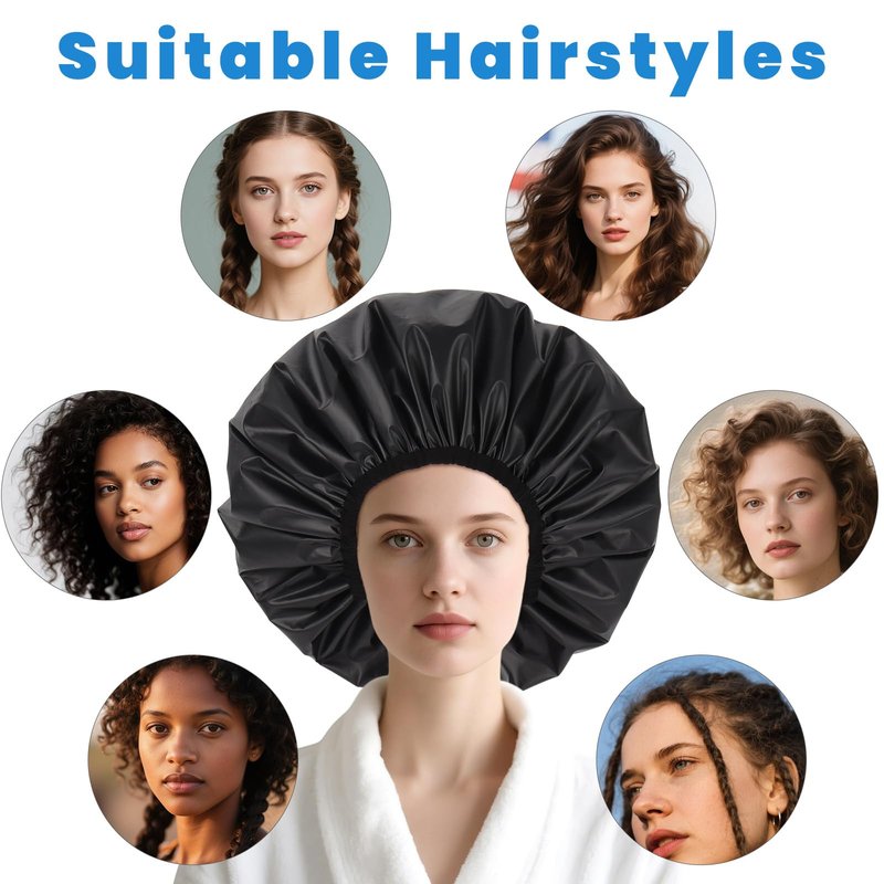 Extra Large Shower Cap XL Satin Lining Shower Bonnet Black Shower Cap for Men Women Thick Long Hair Braids Curly Hair