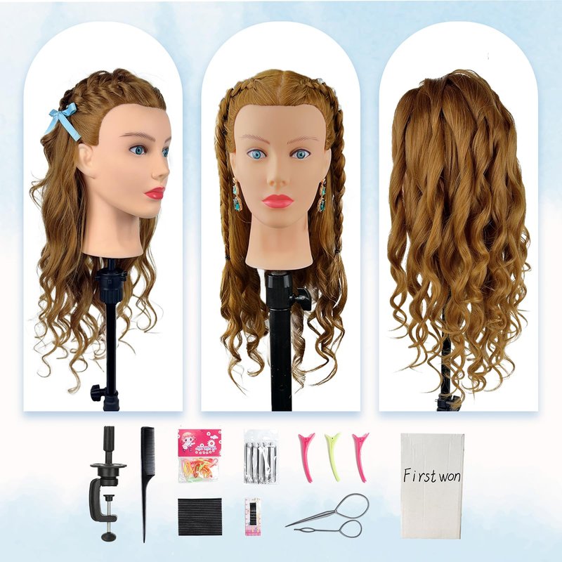 Mannequin Head Human Hair- Cosmetology Manikin Doll Head with 80% Real Hair for Hairdresser Practice Styling Braiding Training Heads & Free Clamp Holder (Brown)