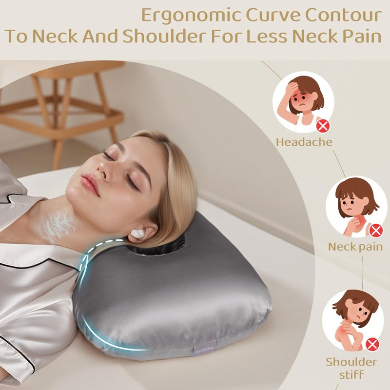 Piercing Pillow - Ear Piercing Pillow With Foam Plug, Adjust Shredded Memory Foam Picrcing Pillow For Side Sleepers, Donut Piliow For Ear With 4.5x4.5''Hole, Ergonomic Curved Design, Satin grey