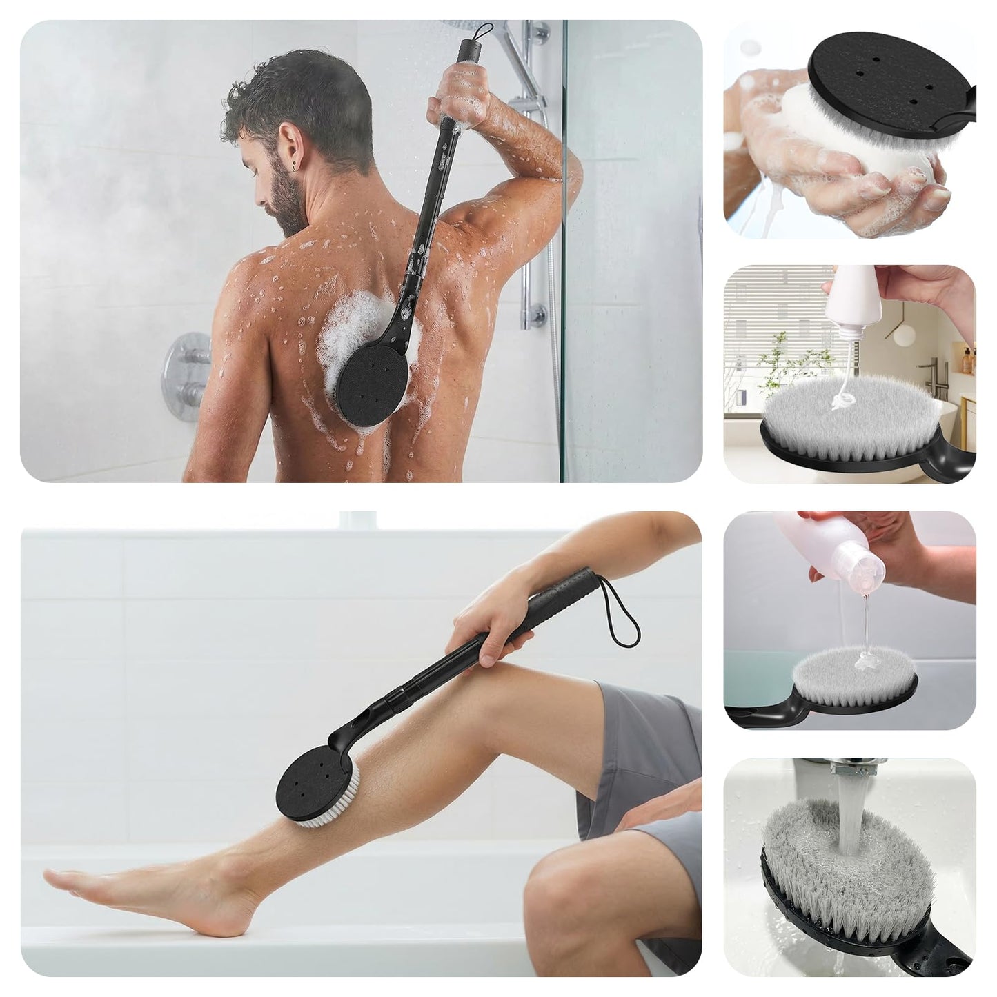 Long Handle Back Scrubber for Shower, 25.7” Telescopic Anti-Slip Bath Brush, Easy Reach Back Cleaner for Exfoliating Dead Skin, Great for Elderly, Disabled & Hard-to-Reach Areas