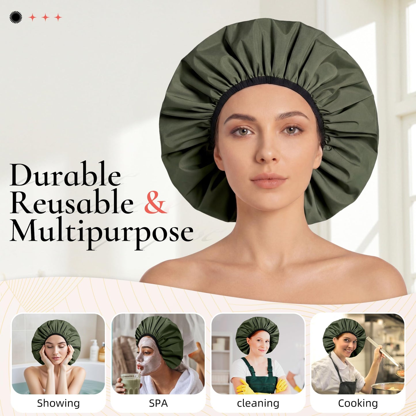 Extra Large Shower Cap for Women, Reusable Waterproof Shower Bonnet with Satin Lining, Double Layer Washable Bath Hair Cap for Braids, Locs, Long Thick Curly Hair, Natural Hair(Big Green)