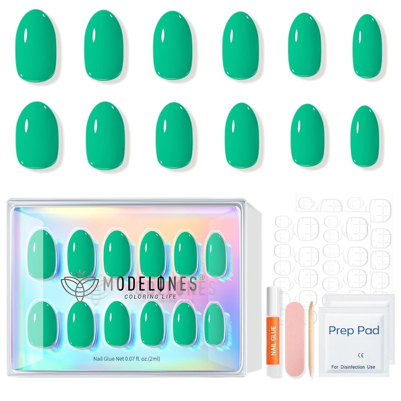 Modelones Bright Green Oval Press-On Nails Kit - 32 Pcs with Glue, File & Prep Pad | Perfect Spring Gift for Women