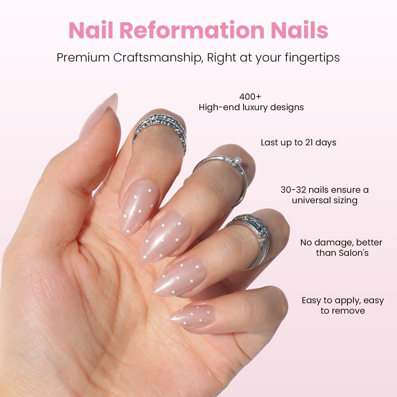 Nail Reformation Press On Nails, Milk Dots | Polka Dot Short Almond Fake Nails on Pink Shimmer Base in Glossy Finish, Reusable Stick On False Nails in 16 Sizes - 32 Nail Kit with Glue, Gifts for Women