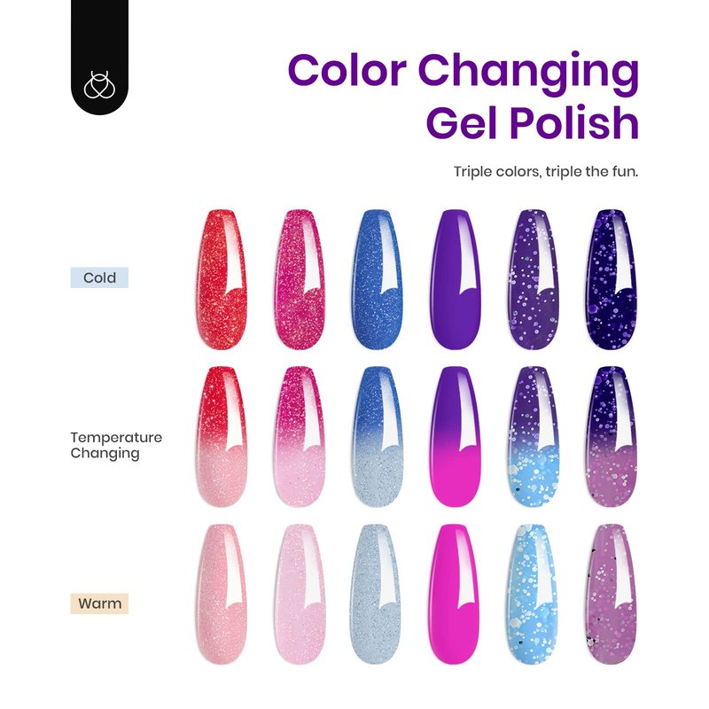 Beetles Color Changing Gel Nail Polish Set - 6 Colors Pink Red Glitter Blue Purple Mood Temperature Change Nail Polish Gel Set Soak Off Nail Art Gel DIY Salon Manicure Gift for Women