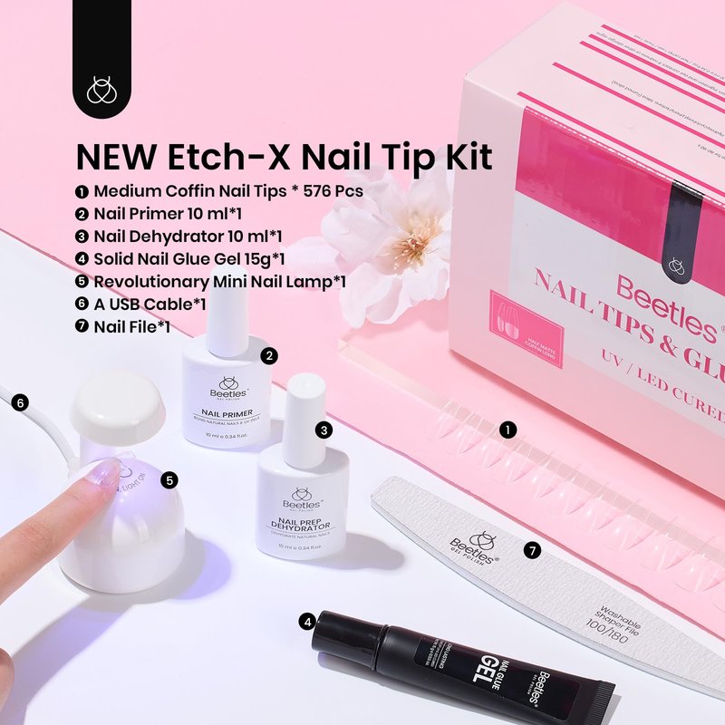 Beetles Gel Nail Kit Medium Coffin with Nail Dehydrator and Primer, 576Pcs Half Matte Etch-X Gel Tips Solid Glue Mini Lamp Acrylic False Tips Easy DIY Extension Set Gift for Women