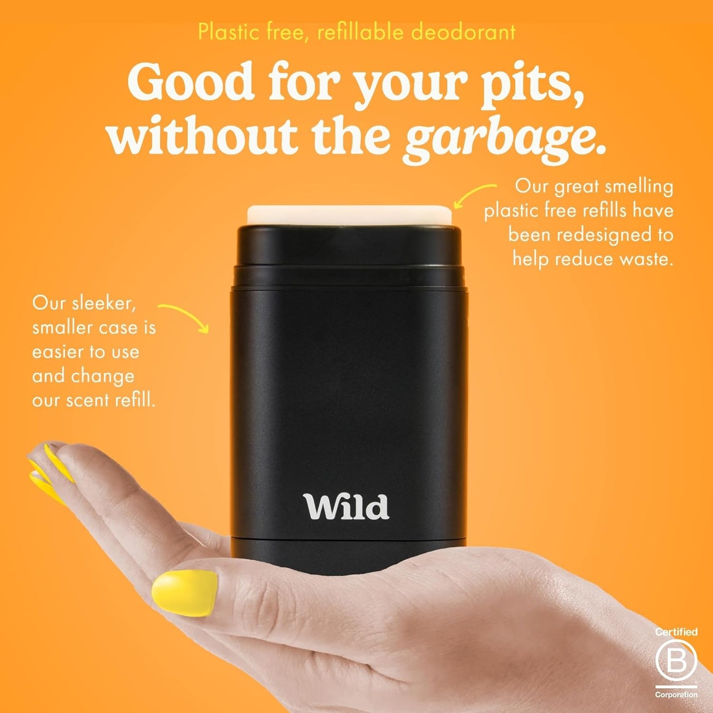 Wild - The Full Monty Aluminum Free Deodorant Starter Kit for Men - Refillable Stick Deodorant with Black Case & Zero Plastic Vegan Refills in a Variety of Scents 5 x 1.4oz - Long Lasting Protection