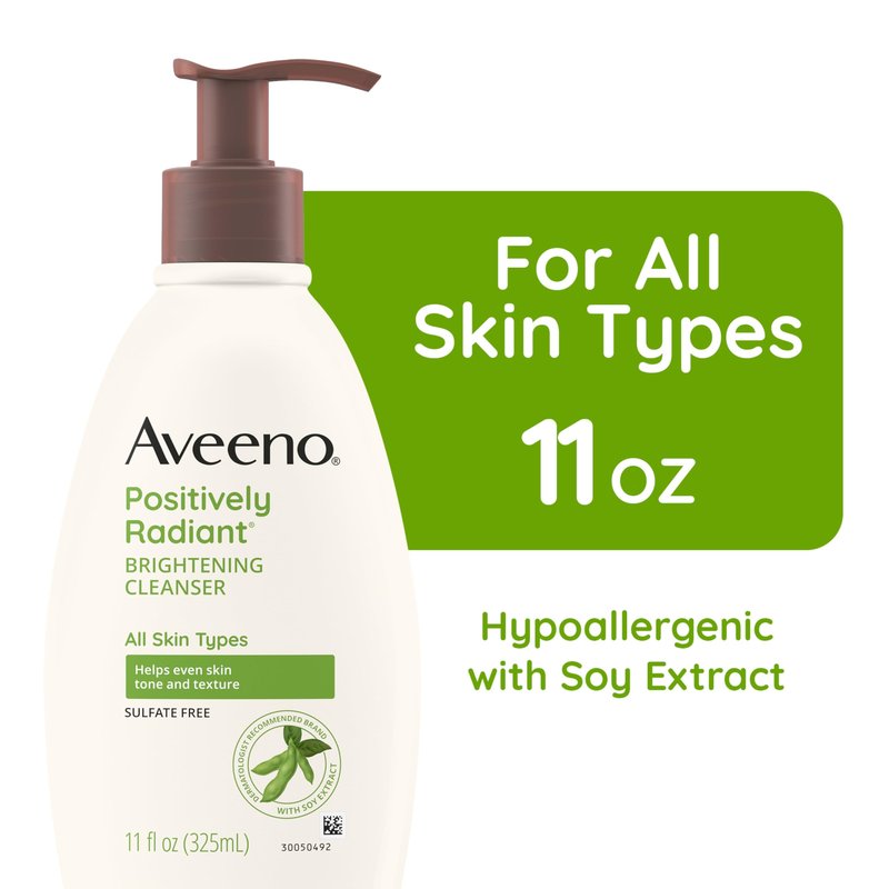 Aveeno Positively Radiant Brightening Facial Cleanser with Moisture Rich Soy Extract, Helps Even Skin Tone & Texture While Gently Lifting Away Dirt, Oil & Makeup, Sulfate-Free, 11 fl. oz