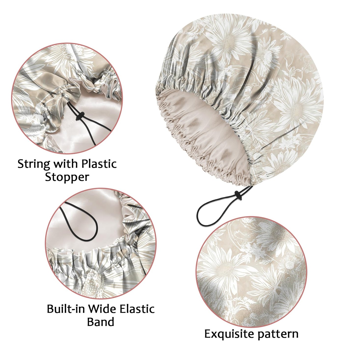 Cabreche Luxury Shower Cap Satin Silk Lined Adjustable Elastic Reusable Waterproof Shower Bath Cap Cute for Women Girls-Golden Sunflower