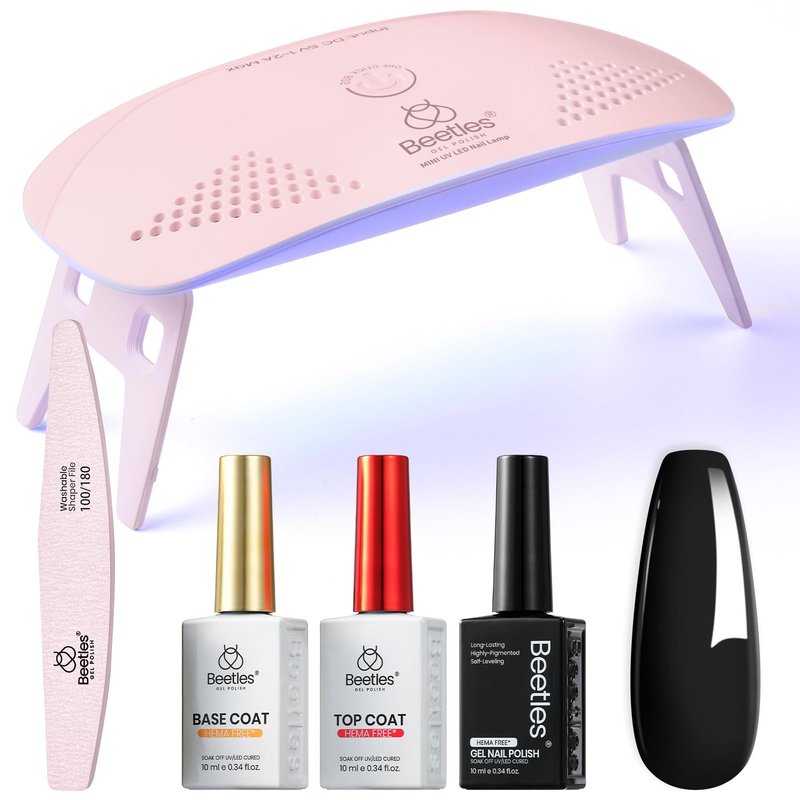 Beetles 10ML HEMA-Free Black Gel Nail Kit with U V Light, 5 Pcs Black Shadow Gel Polish Set DIY Home Salon Travel Portable Manicure Kit with Base &Top Nail File Coat Soak Off Gifts for Women Girls