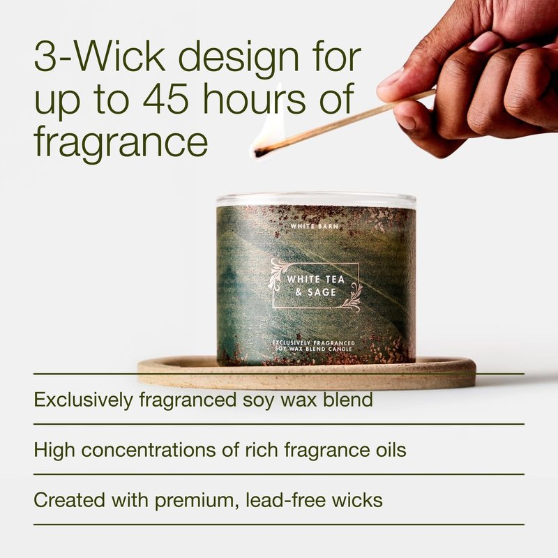 Bath & Body Works White Tea & Sage 3-Wick Candle - Scented Candle for At-Home Use - Long-Lasting, Room-Filling Fragrance - High Fragrance Oil Concentration - Soy Wax Blend