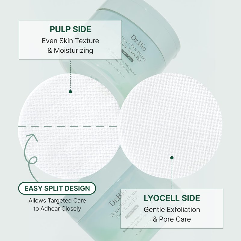 Dr.Bio Green Rice Biome Toner Pad (5.54oz/60 Pads) with Probiotic, Exfoliating, Remove Blackheads & Whiteheads, Radiant Skin, Dual-Sided Pad for Sensitive Skin, Fragrance-Free, Vegan Korean Skincare