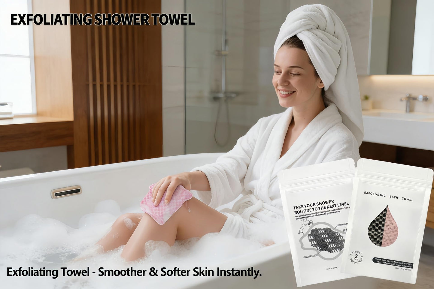 Exfoliating Shower Towel 40",Premium Scrub Wash Cloth for Body Face, Exfoliating Washcloth for Men and Woman(Black+Pink)