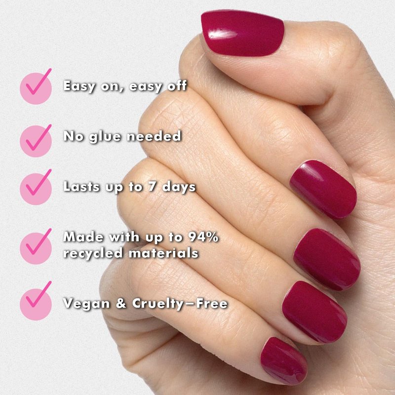 Classic Super Stick Press-On Nails - No Glue Needed, Non-Toxic | 32 Tabs in 16 Sizes | Extra Short Squoval in Mulberry Maroon