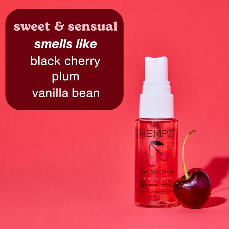 Hempz Cherry Hydrating Mist Spray - Lightweight Moisturizer with Dark Red Cherry Fragrance | Travel Size 1 fl. oz.