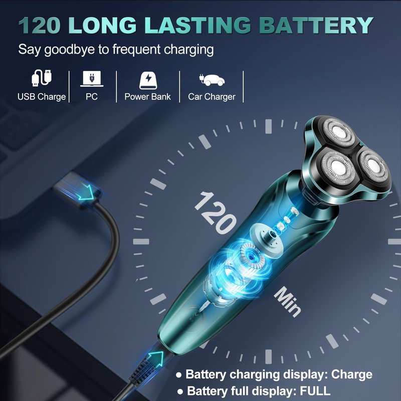 Electric Razor for Men, 4D Dual-Ring Floating Head Electric Shaver, IPX7 Waterproof Wet & Dry Shaver, USB-C Fast Charging 120Mins Long Runtime, Ergonomic Portable Travel Shaver, Ideal Gifts for Men