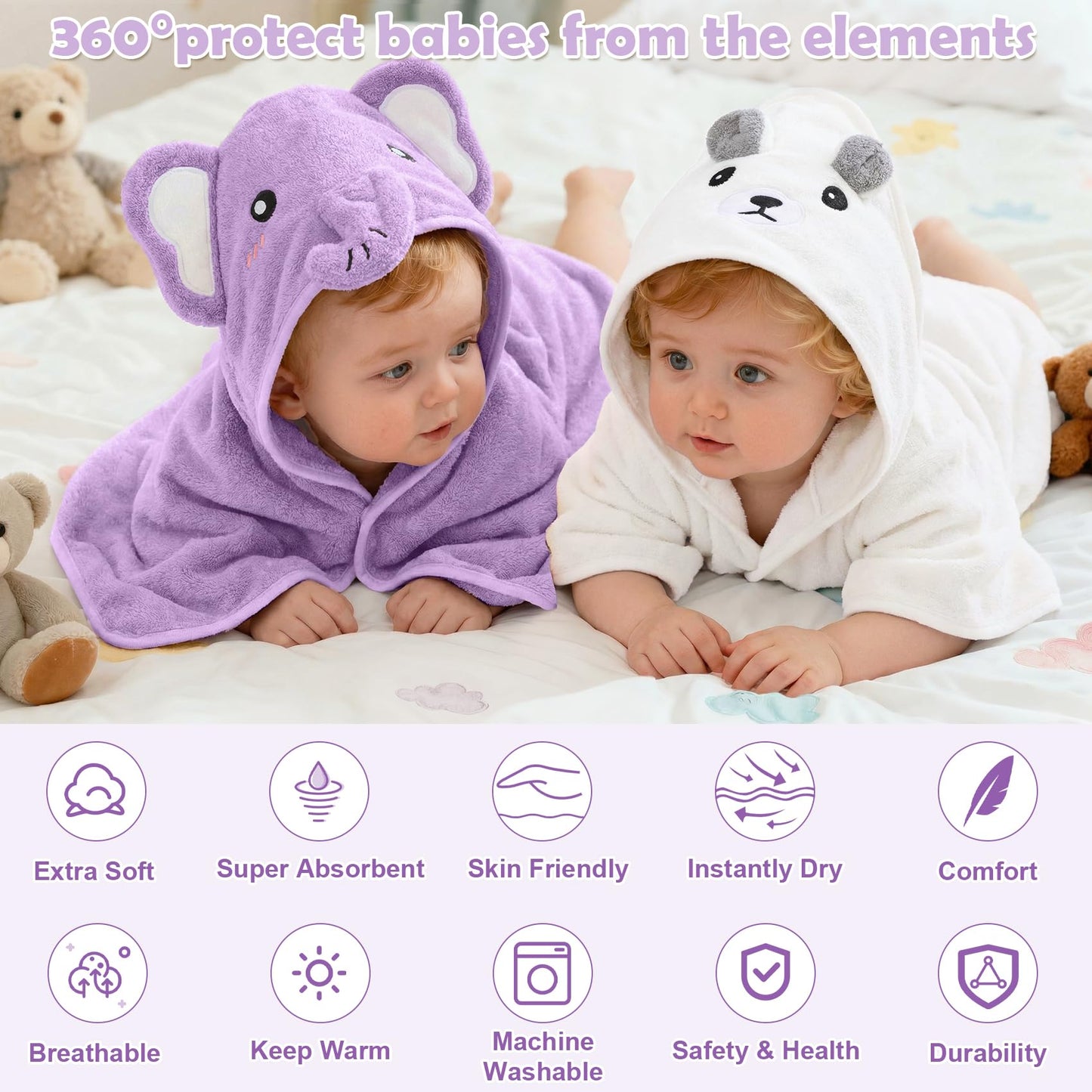 CandyHome 12 PCS Baby Bath Towels Set for Infants Toddlers, 4 PCS Animal Hooded Baby Towels & 8 PCS Washcloths Set, Ultra Absorbent Newborn Bath Essentials Gifts for Boys & Girls