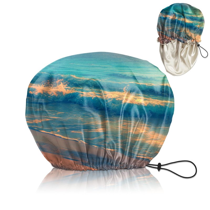 Cabreche Luxury Shower Cap Satin Silk Lined Adjustable Elastic Reusable Waterproof Shower Bath Cap Cute for Women Girls-Beach