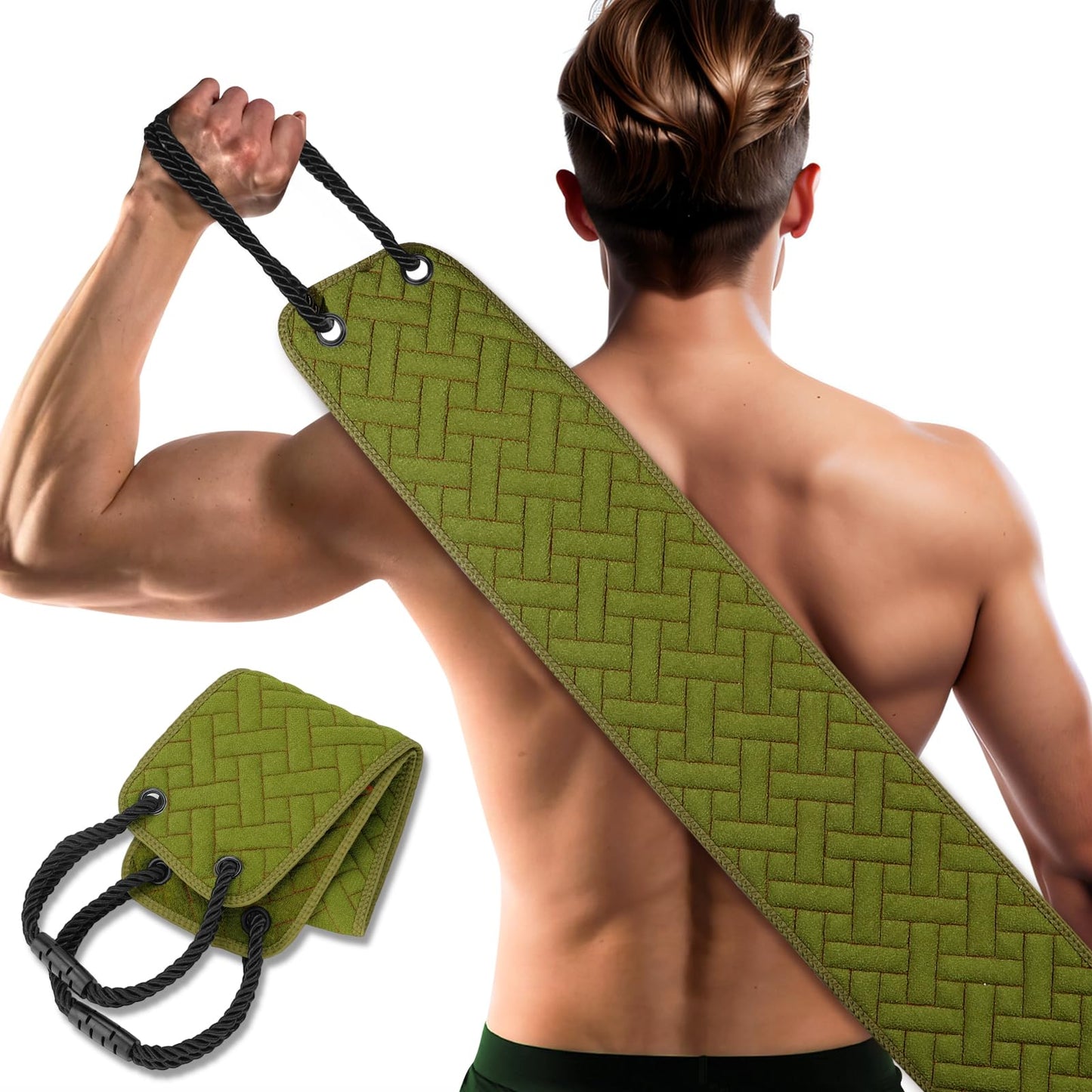 Exfoliating Back Scrubber with Two Handles, 39 Inch Wide Double-Sided Body Scrub Bath Exfoliator, Exfoliating Washcloth for Use in Shower, Back Washer to Deep Clean Your Skin for Men & Women (Green)