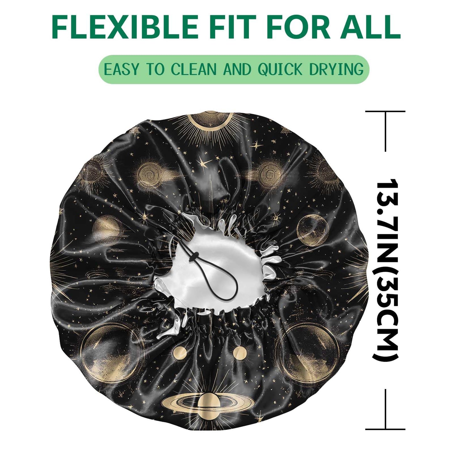 BHAHB 2 PCS Shower Cap Waterproof Double Layer Elastic Adjustable Reusable Hair Bath Caps for Girls Women Cute Aesthetic-Golden Black