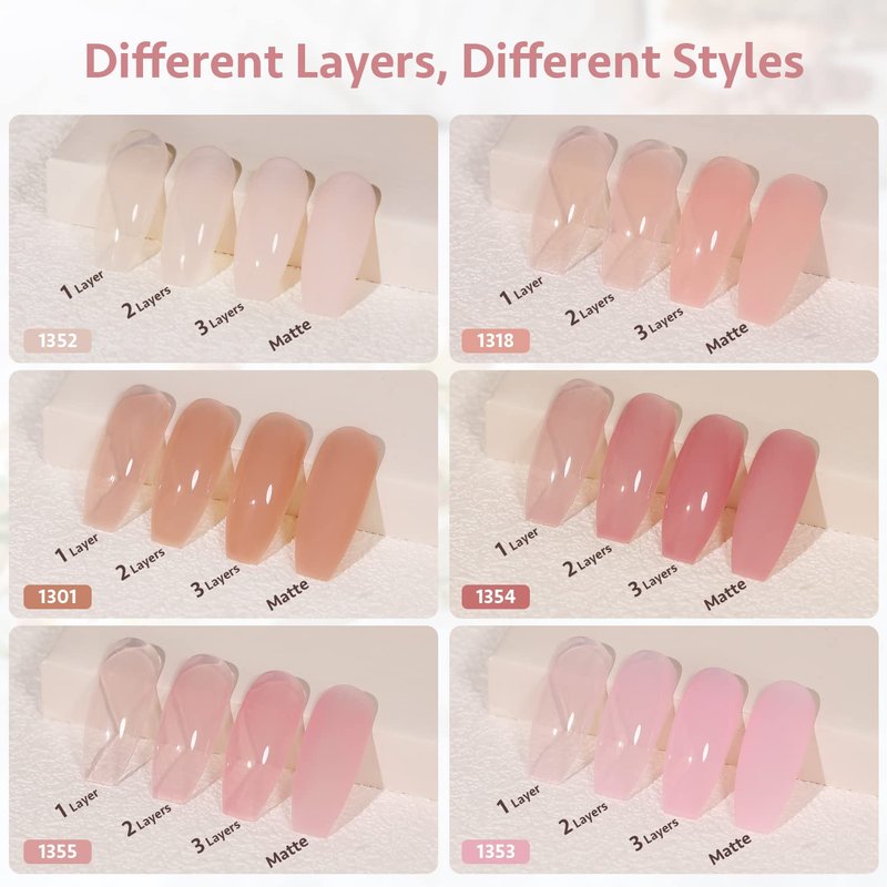 GAOY Jelly Nude Pink Gel Nail Polish Set, 6 Transparent Sheer Colors Soak Off UV Light Cure Gel Polish Kit for Salon and Nail Art DIY at Home