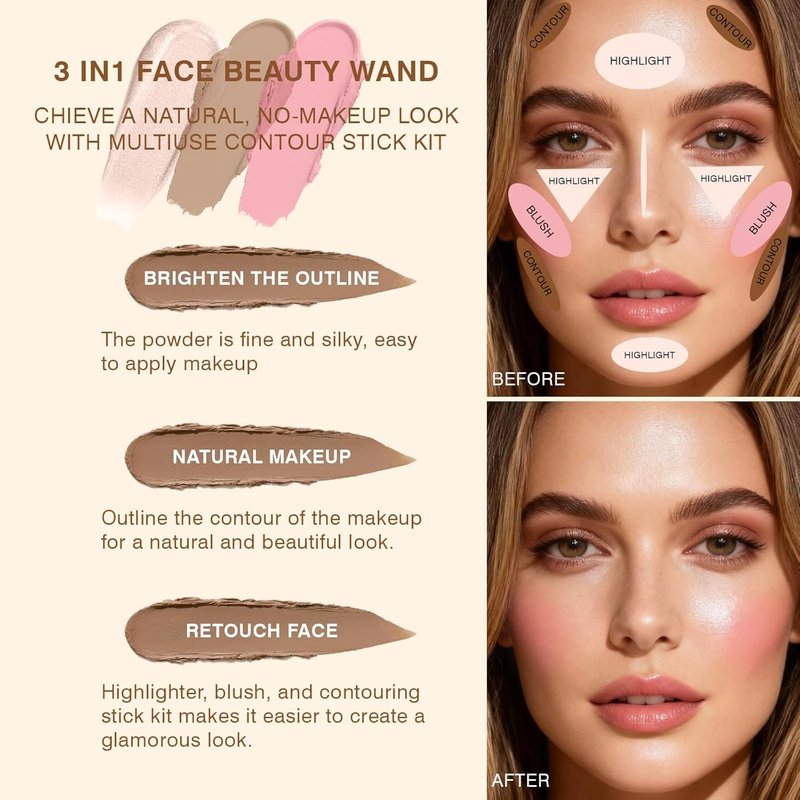 Skiennix Cream Contour Stick Set - 3 Pcs with Highlighter, Blush & Bronzer | Lightweight, Long-Lasting Finish in Light Medium
