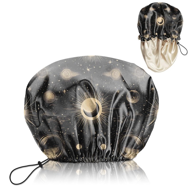 BHAHB Luxury Shower Cap Satin Lined Reusable Waterproof Double Layer Elastic Adjustable Hair Bath Cap Cute Aesthetic Women Girls-Moon