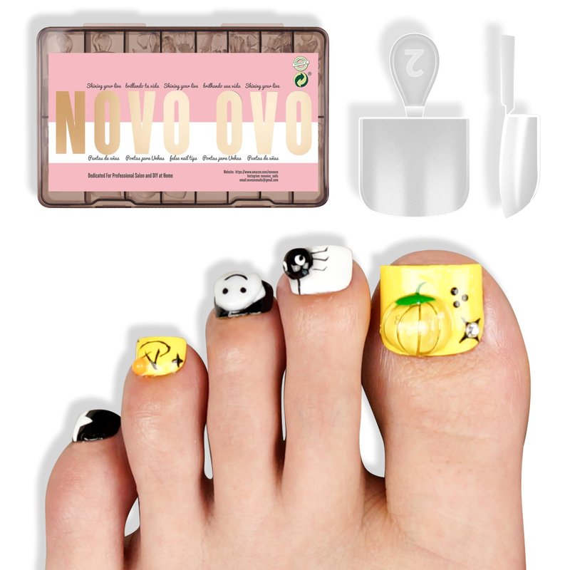 NOVO OVO XS XXS Toe Nail Tips Press on Full cover, Soft Gel False Toenail Extension Kit, Pre-etched Clear Matte Fake Nails for Salon DIY Acrylic Pedicure