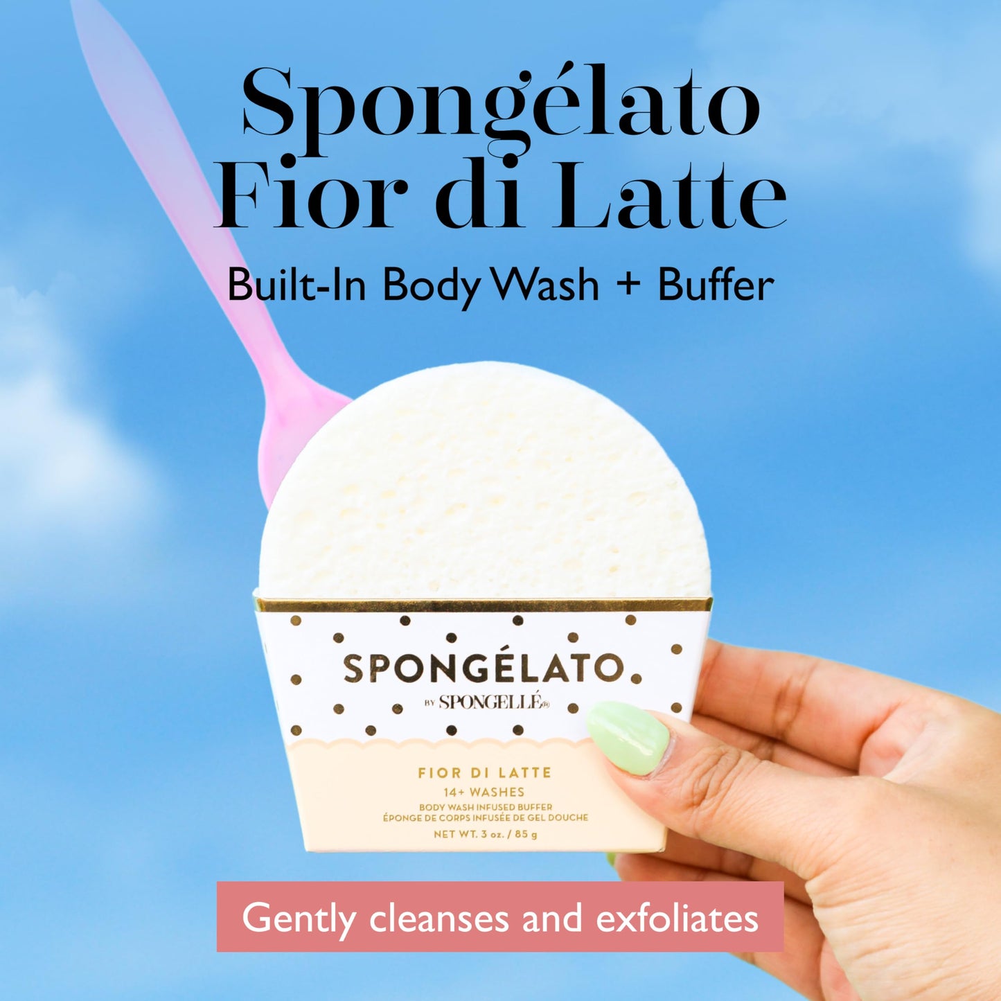Spongellé Fior de Latte (Vanilla) Spongélato Bath Sponge | Built-In Body Wash & Body Scrubber, Shower Loofah Sponge for Women | 14+ uses