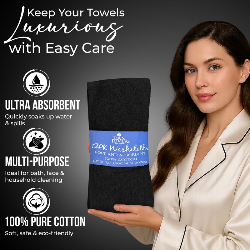 DAN RIVER 12 Pack Wash Cloths for Showering [12x12] - 100% Cotton Washcloths Premium Quality Flannel Face Cloths for Bathroom, Highly Absorbent and Soft Feel Wash Clothes, Black