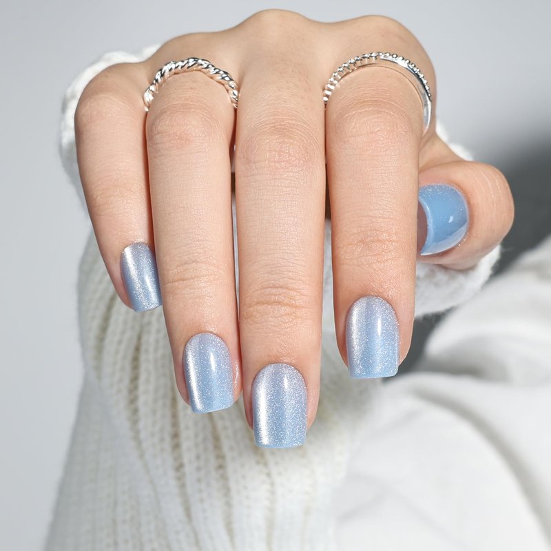 Leefrei Press On Nails, Short Square Blue Press on Nails Arctic Glazed Nails Press Ons for Women DIY Fake Nails Kit with Glue, Glossy Reusable Glue on Nails Short in 15 Sizes - 30pcs, Arctic Glaze