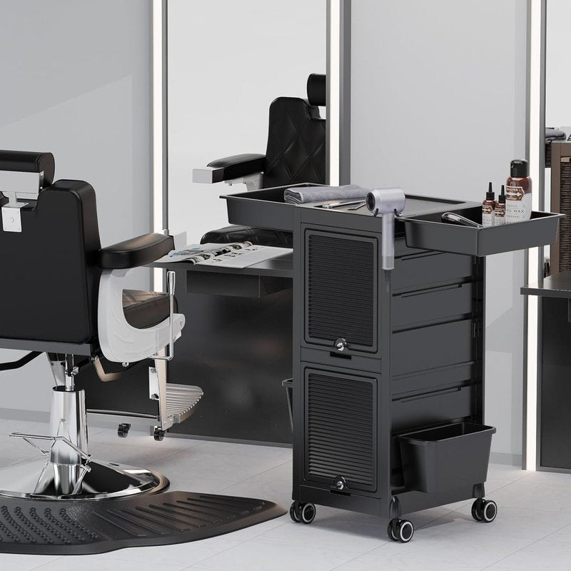 OmySalon Salon Trolley Cart, Hair Stylist Station with 2 Lockable Doors, Rolling Hair Cart Organizer with Drawers & Bucket & Dryer Holder, Barber Shop Hairdressing Beauty Tattoo Versatile Equipment