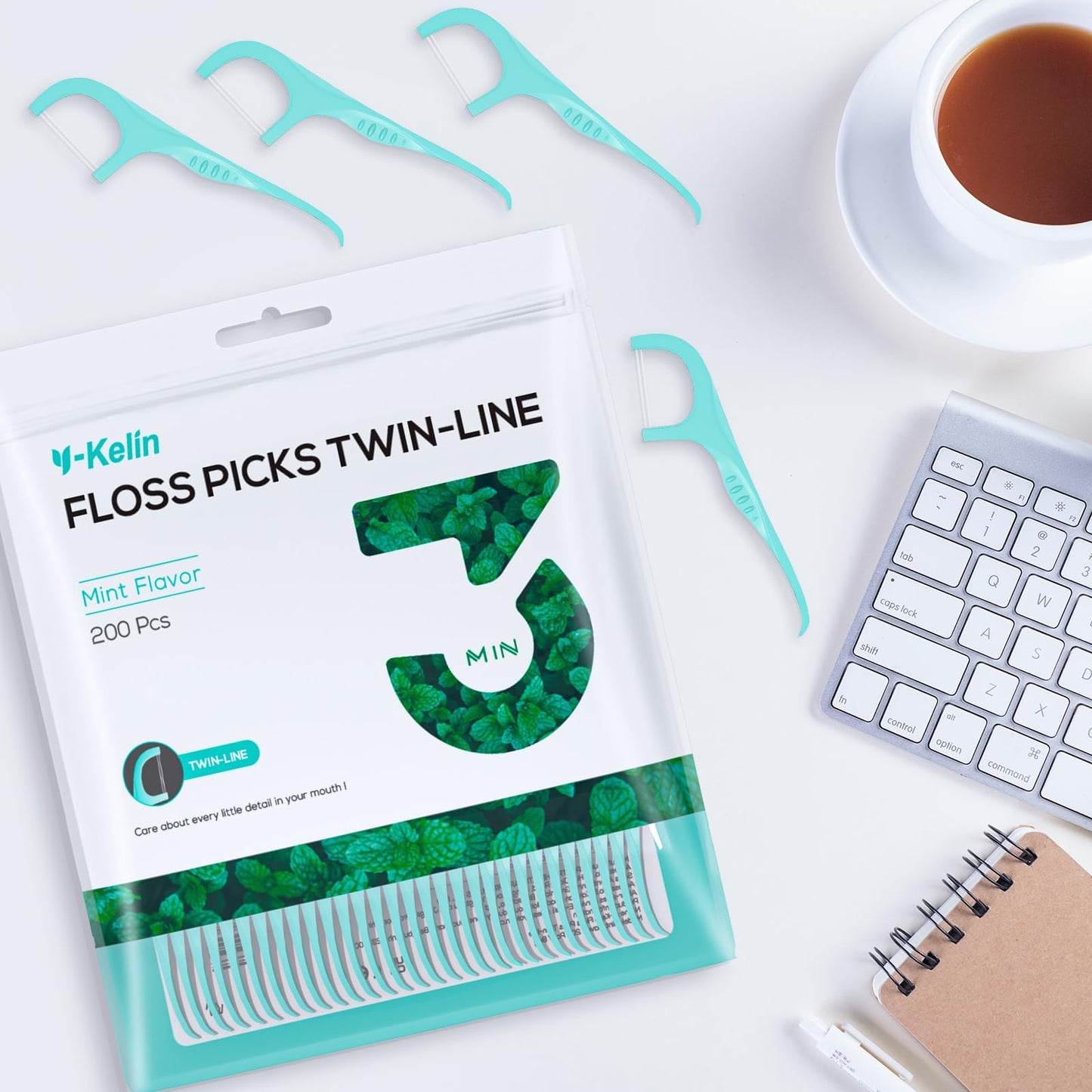 Twin Line Dental Floss Picks - Double Floss Picks, Double-Cleaning Teeth, Mint Flavor, 200 Count