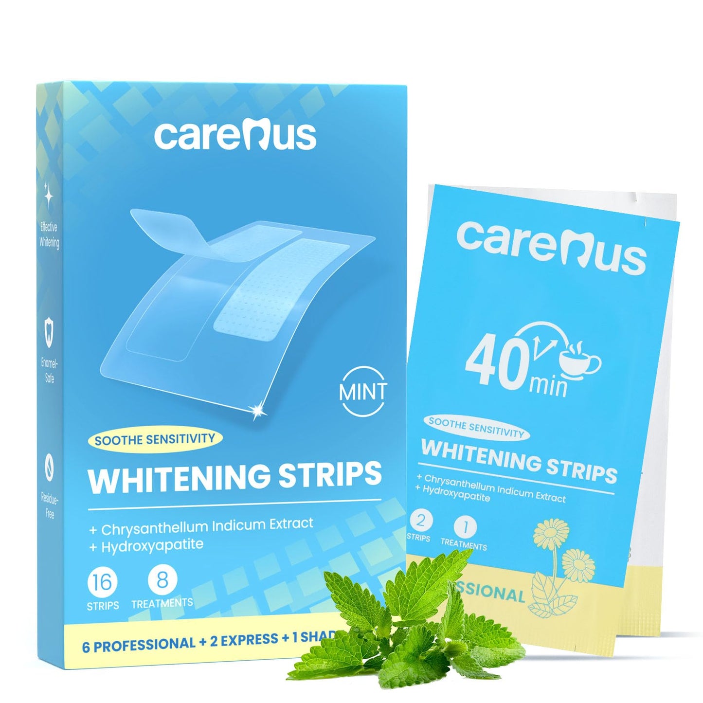 Carerus Teeth Whitening Strips, 8 Treatments, Hydroxyapatite Formula for Sensitive Teeth, Enamel-Safe & Residue-Free, Gentle Tooth Whitener, Mint, Last-Minute Hangouts (16 Strips)