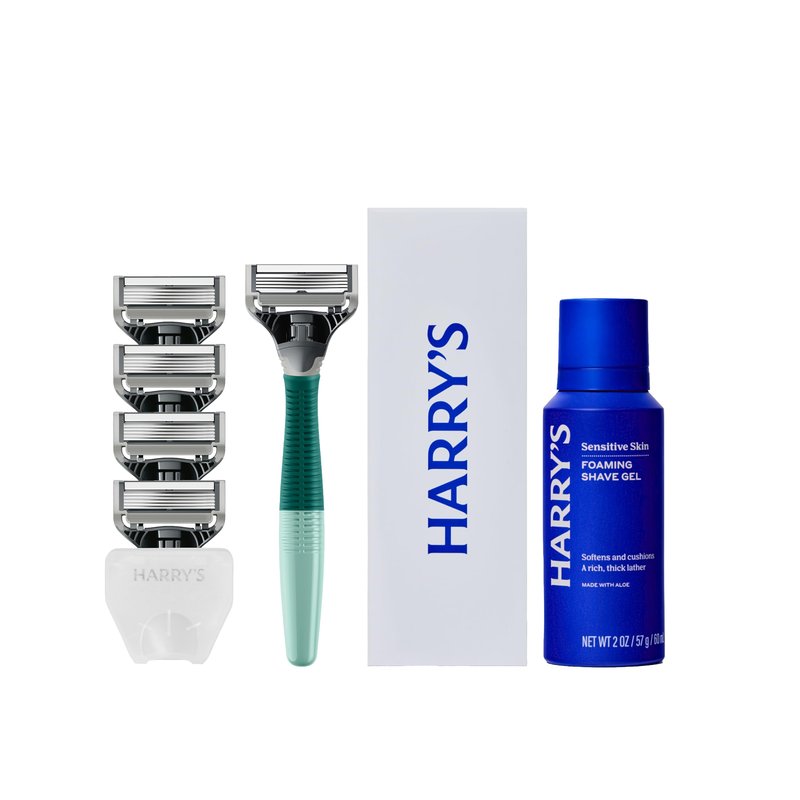 Harry's Original Shaving Kit for Men - Razor Handle, 5 Razor Blade Refills, Foaming Shave Gel, and Travel Blade Cover - TSA Approved Travel Essentials - German Engineered - Sage
