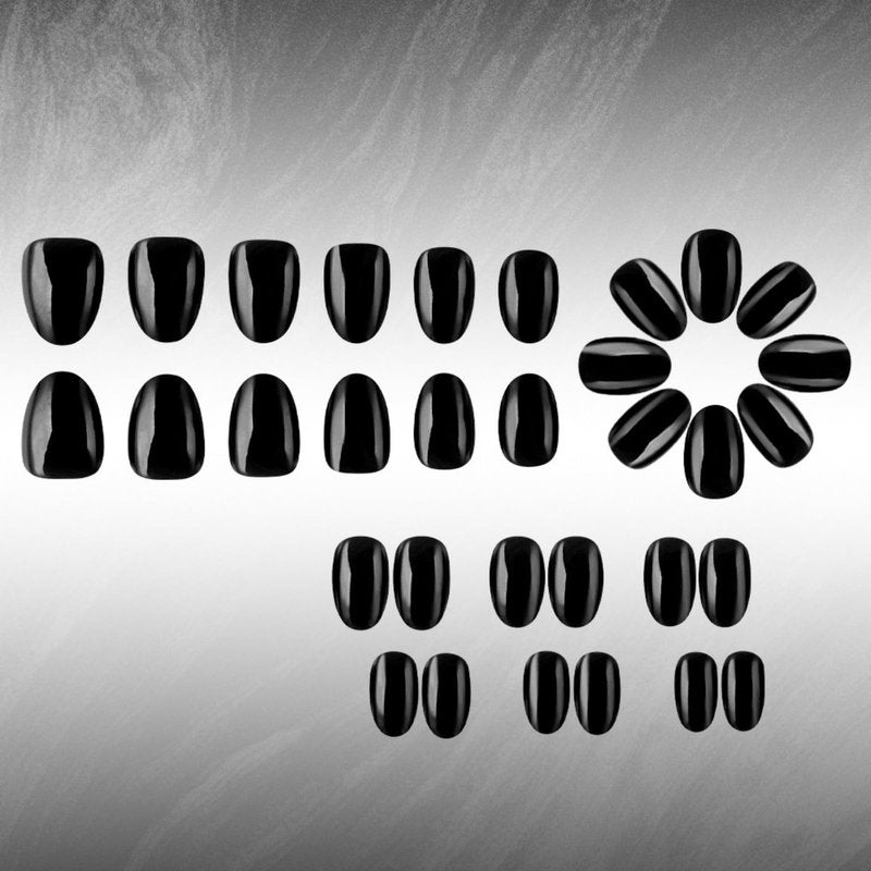 Black Solid Color Press On Nails Short Almond Fake Nails Glossy Full Cover Stick On Nail for Women Manicure 32Pcs