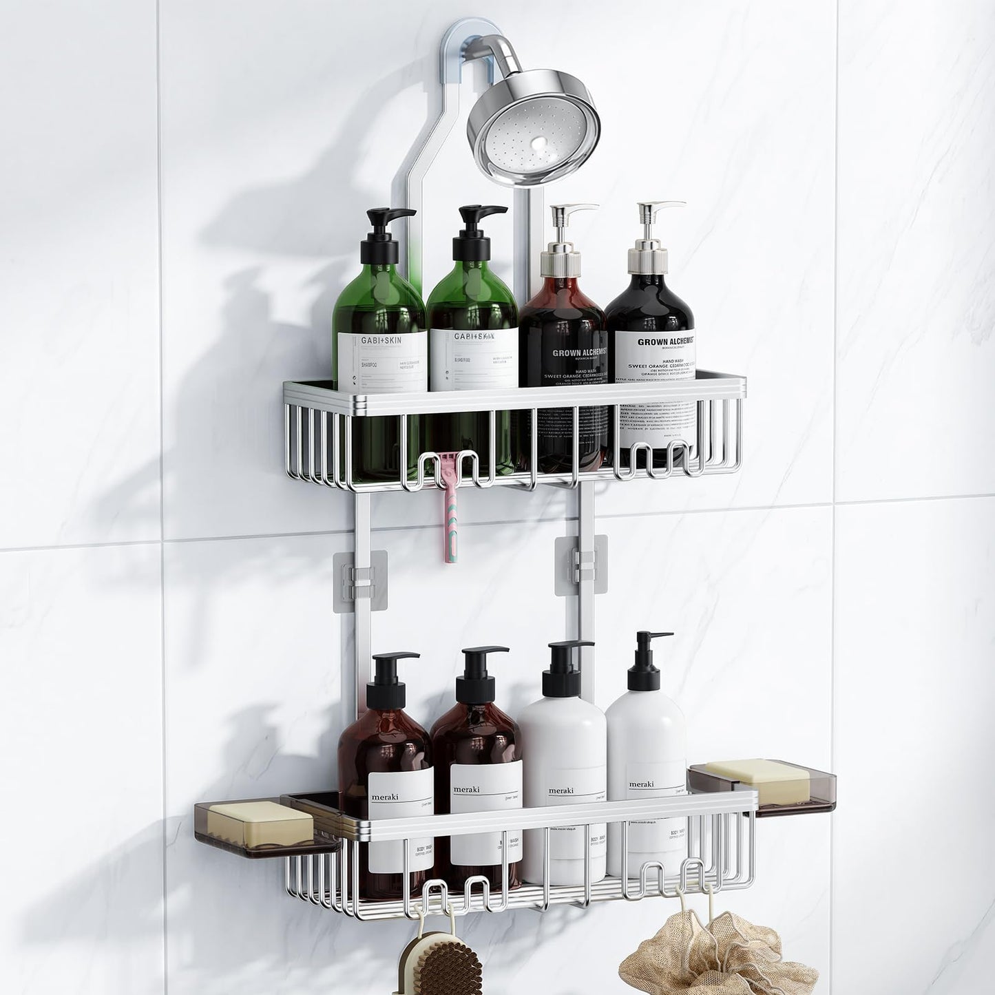VALORDINE Shower Caddy Hanging, Never Rust Shower Organizer Hanging, Aluminum Shower Racks for Inside Shower with Hooks for Razor, Bathroom Organizers and Storage with Soap Holder, Bright Silver