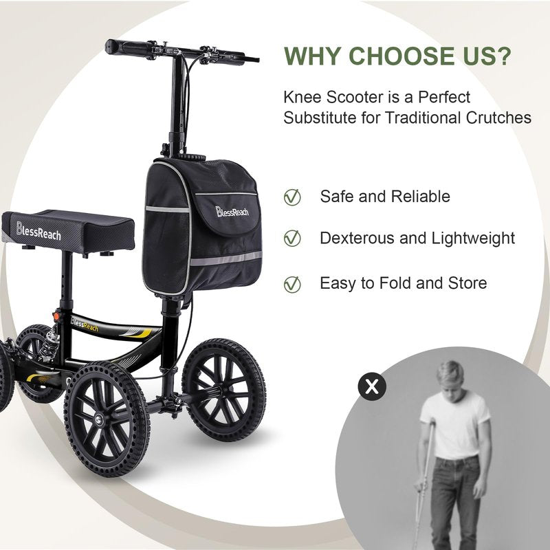 Knee Scooter, 350lbs Capacity, 13" Big PU Seat, Disc Brake Knee Walker, All Terrain Foldable Knee Scooter Walker with Bag for Foot Injuries Compact Crutches Alternative (Black)