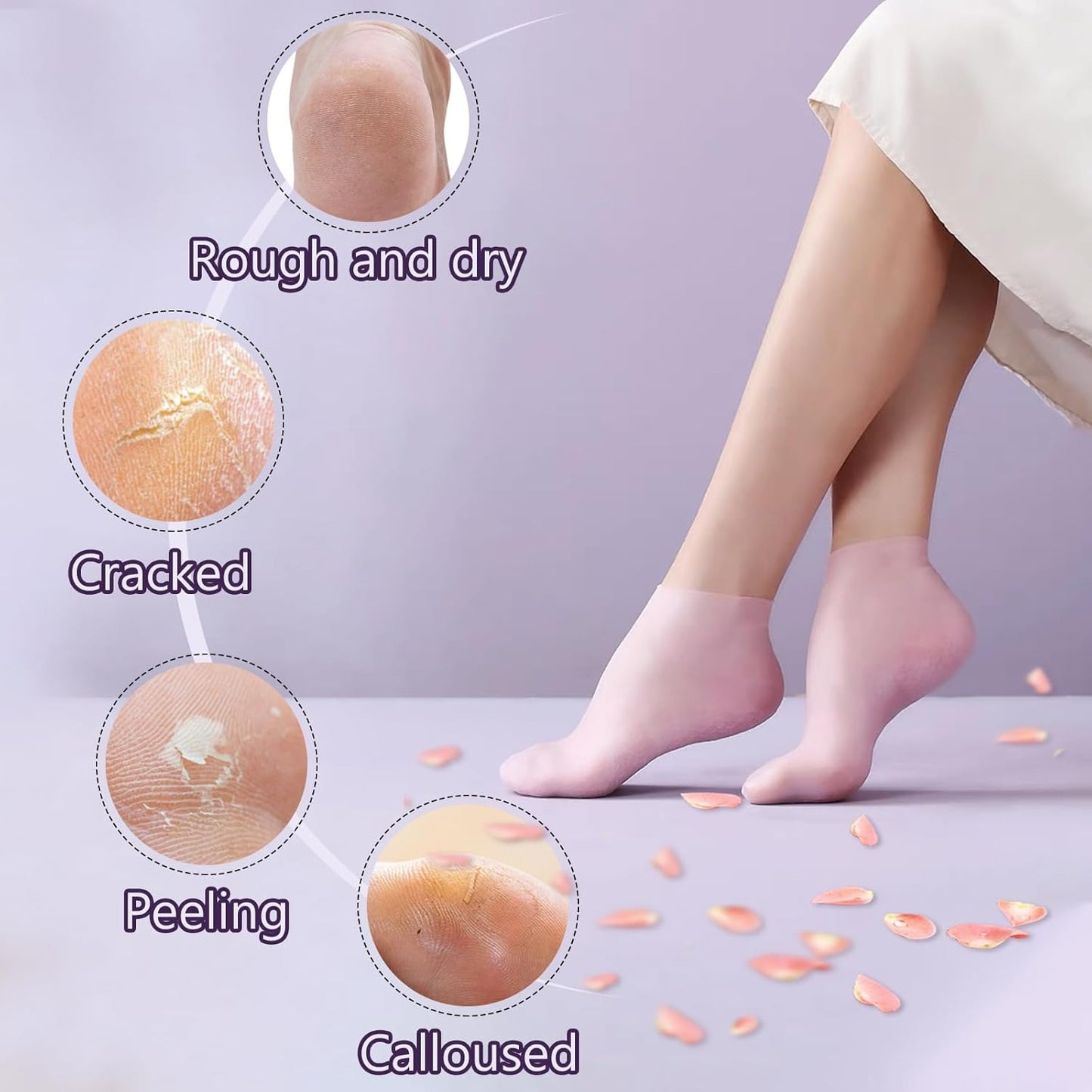 TEAWOO Silicone Moisturizing Socks - 2 Pairs for Dry, Cracked Feet | Women's Foot Care (Pink & Beige, Size 9)