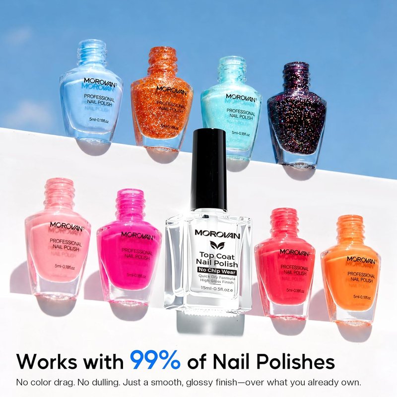 Morovan Top Coat Nail Polish - 14 Day No Chip Quick Dry Formula | High Gloss Clear Finish, 0.5 fl oz