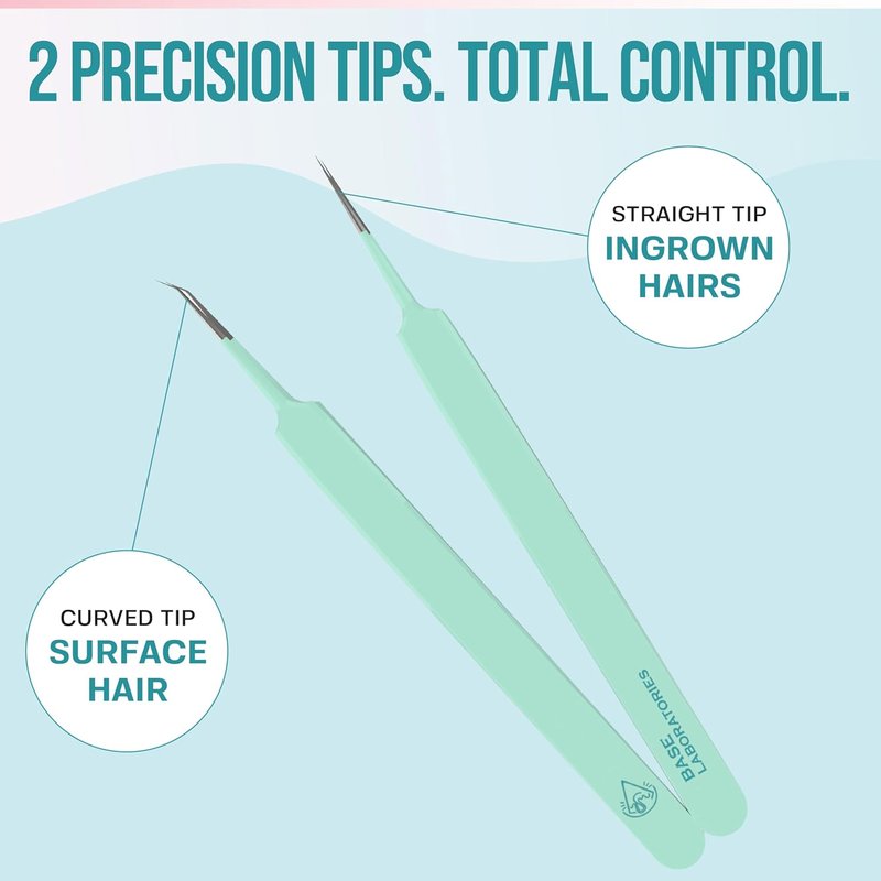 Base Labs Ingrown Hair Tweezers Set - Precision Curved & Pointed Stainless Steel Tweezers | 2 Pack with Protective Case for Razor Bumps & Facial Hair Removal